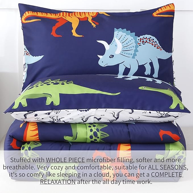 RYNGHIPY Cartoon Dinosaur Comforter Set, Dark Blue Dinosaur Kids Bedding Set for Boys, Dinosaurs Print Comforter Sets for Kids/Toddlers/Teens (Dinosaur,Queen)