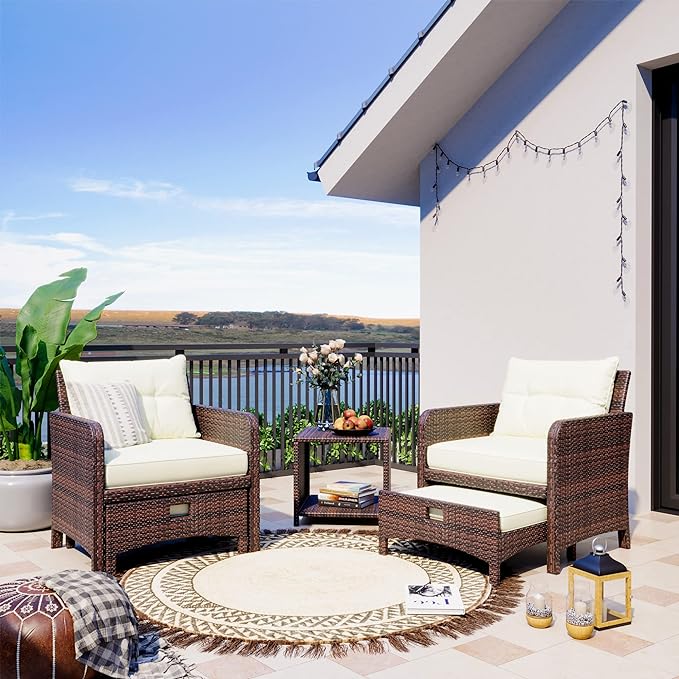 Pamapic 5 Pieces Outdoor Patio Wicker Chairs Set with Ottoman, Outside Conversation Furniture Set with Cushions and Coffee Table for Balcony Porch Lawn Garden (Cream Cushion+ Umber Rattan)