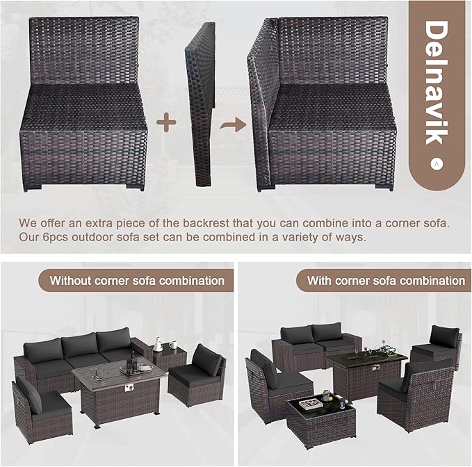 Patio Furniture Sectional Sofa Set 7-Pieces PE Rattan Patio Conversation Set w/43in Gas Fire Pit Table, Outdoor Furniture with 55000 BTU Propane Fire Pit, Black