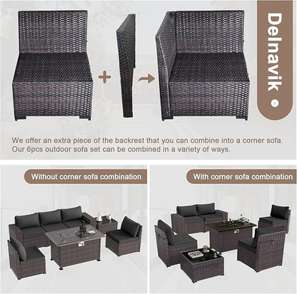 Patio Furniture Sectional Sofa Set 7-Pieces PE Rattan Patio Conversation Set w/43in Gas Fire Pit Table, Outdoor Furniture with 55000 BTU Propane Fire Pit, Black