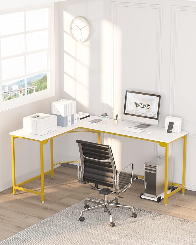Teraves Modern L-Shaped Desk 66'' Corner Computer Desk Home Office Study Workstation Wood & Steel PC Laptop Gaming Table