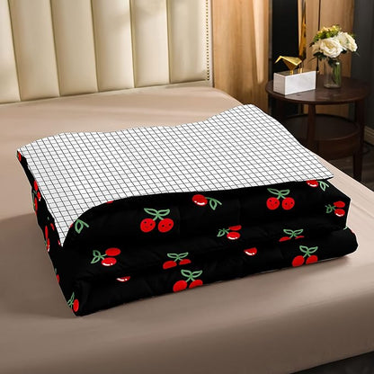 Erosebridal Red Cherry Comforter Set for Kids, Fruit Kawaii Bedding Set Twin, Cute Cherry Cartoon Down Comforter for Boys Girls Women Bedroom Decor, Reversible Luxury Soft Quilted Comforter, Black