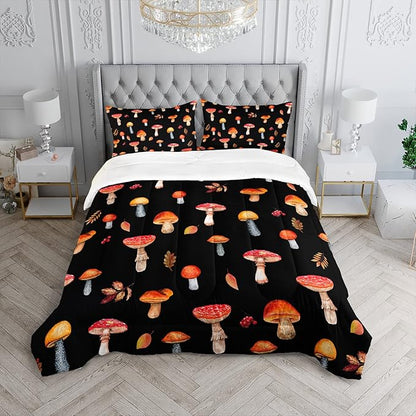 Colorful Mushroom Comforter Set Twin Size Kids Mushroom Bedding Set Leaves Quilt Bed Set for Boys Girls Adults with 1 Comforter and 2 Pillowcases