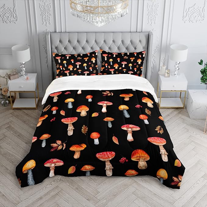 Colorful Mushroom Comforter Set Full Size Kids Mushroom Bedding Set Leaves Quilt Bed Set for Boys Girls Adults with 1 Comforter and 2 Pillowcases