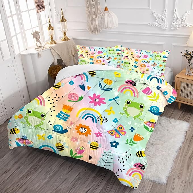 Rainbow Comforter Sets Twin Size Cartoon Floral Frogs Bedding Set for Girls Kids Children Boys Butterfly Flowers Bees Insects Cute Kawaii Quilt 1 Comforter + 1 Pillow Case