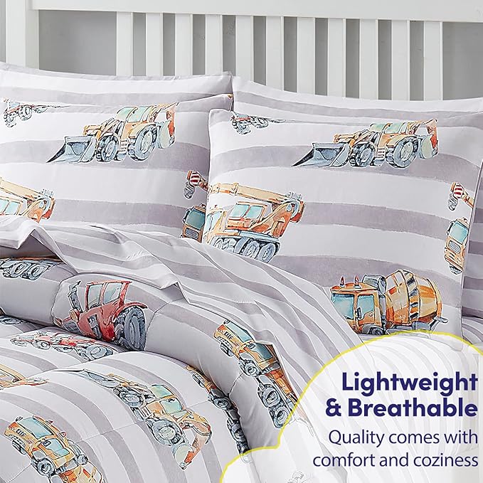 Kids Bedding Set Bed in a Bag for Boys and Girls Toddlers Printed Sheet Set and Comforter , Full, Trucks