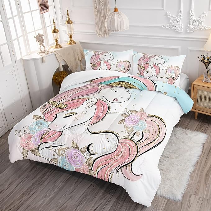 CVHOUSE Unicorn Bedding Full Size,Unicorn Bedding Set for Girls Kids,Cute Unicorn Comforter Set Chrismas Duvet Set Unicorn Quilt Set Girls Room Decor 3 Pieces