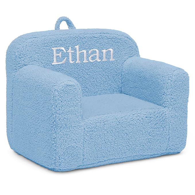 Delta Children Personalized Sherpa Cozee Chair - Customize with Name – Foam Kids Chair for Ages 18 Months and Up, Powder Blue
