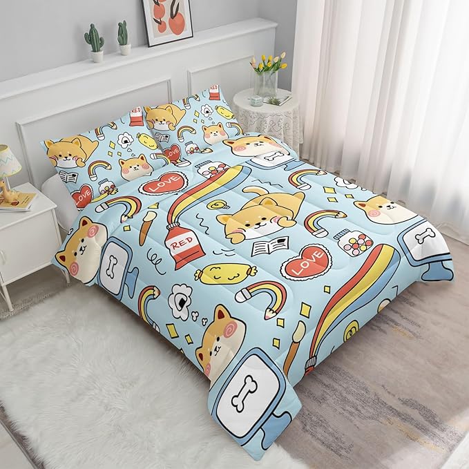 Datura home Kids Comforter Set Kawaii Dogs Bedding Set Cute Shiba Inu Corgi Printed Pattern Home Decor with 1 Comforter and 2 Pillowcases for Boys and Girls All Season(Blue Shiba Inu Full) 80x90''