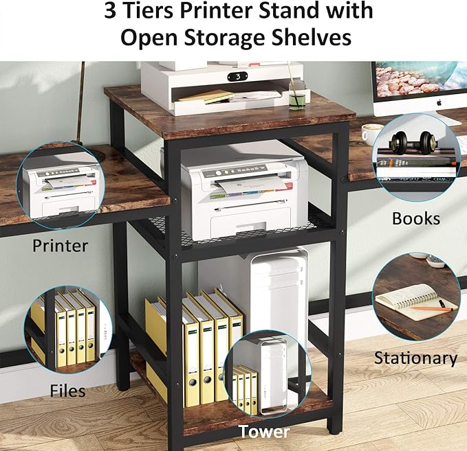 Tribesigns 96.9" Double Computer Desk with Printer Shelf, Extra Long Two Person Desk Workstation with Storage Shelves, Large Office Desk Study Writing Table for Home Office, Dark Brown