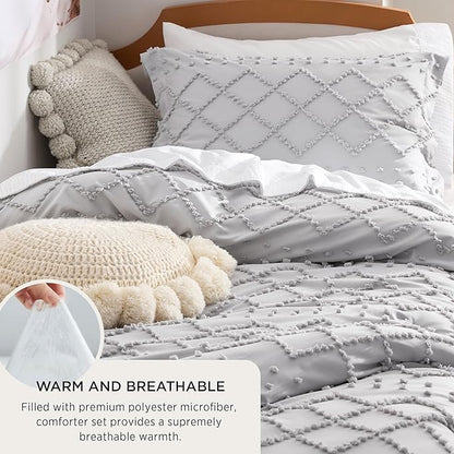 Bedsure Twin/Twin XL Comforter Set - Light Grey Boho Twin Extra Long Comforter Set for College, Shabby Chic Dorm Bedding Set, 2 Pieces Modern Farmhouse Bed Set, includes 1 Pillow Sham