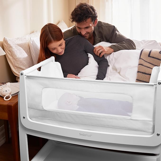 SnuzPod4, Bassinet Bedside Sleeper - Comfortable Baby Crib and Bed, 3D Breathable Mattress, Fits Bed with Adjustable Max. Height of 28.5”, Machine Washable Mesh Liner (White)