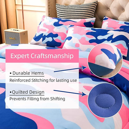 Meeting Story Camouflage Bedding Set, Colorful Pattern Style Twin Camouflage Comforter Set, 3 PCS 1 Comforter and 2 Pillowcases in One Bag, All Season Bedspread for Kids Teens Adults (Blue, Twin)