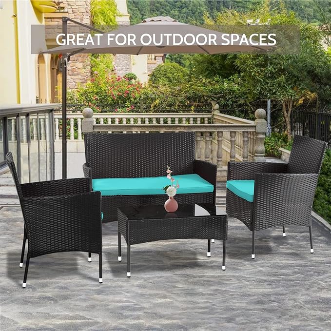 FDW Patio Furniture Set 4 Pieces Outdoor Rattan Chair Wicker Sofa Garden Conversation Bistro Sets for Yard,Pool or Backyard,Blue Cushions