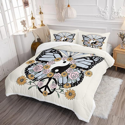 CVHOUSE Butterfly Bedding Set,Butterfly Comforter Queen,Butterfly Comforter Set for Girls Kids Teens,Butterflies Quilt Set with 1 Comforter and 2 Pillow Cases- 3 Piece