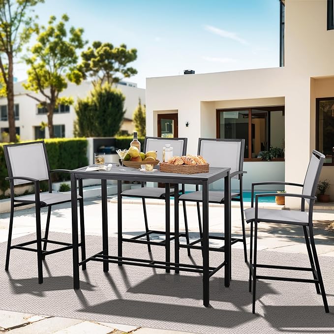 Shintenchi Patio Dining Sets, All Weather Textile Fabric Outdoor High Stool Bistro Set with 4 Bar Chairs and High Glass Table for Home, Backyard, Garden, Lawn, Porch, 5 Pieces
