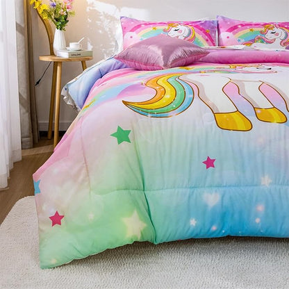 Aimuan Girls Unicorn Comforter Set 6 Pieces Pink Purple Bedding Set with Rainbow Star Galaxy Stars Fantasy Children Room Decor Soft Reversible Bed Sets for Boys/Girls/Teens (Rainbow Full6Pcs)