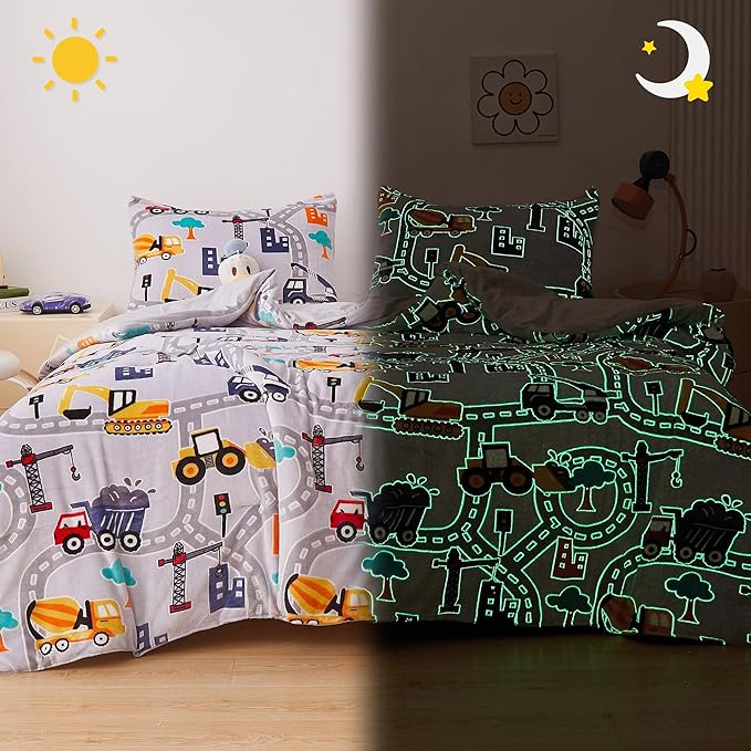 Mooreeke Glow in The Dark Twin Plush Fleece Comforter Bed Set, Soft & Warm 2 Piece Bed in A Bag with Sham, Velour Velvet Grey Excavator Highway Boys Kids Bedding Set, Fluffy Fuzzy Polar Cozy
