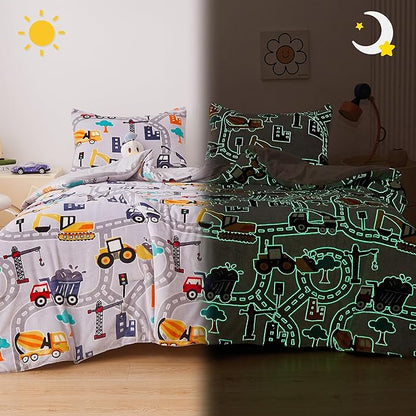 Mooreeke Glow in The Dark Twin Plush Fleece Comforter Bed Set, Soft & Warm 2 Piece Bed in A Bag with Sham, Velour Velvet Grey Excavator Highway Boys Kids Bedding Set, Fluffy Fuzzy Polar Cozy