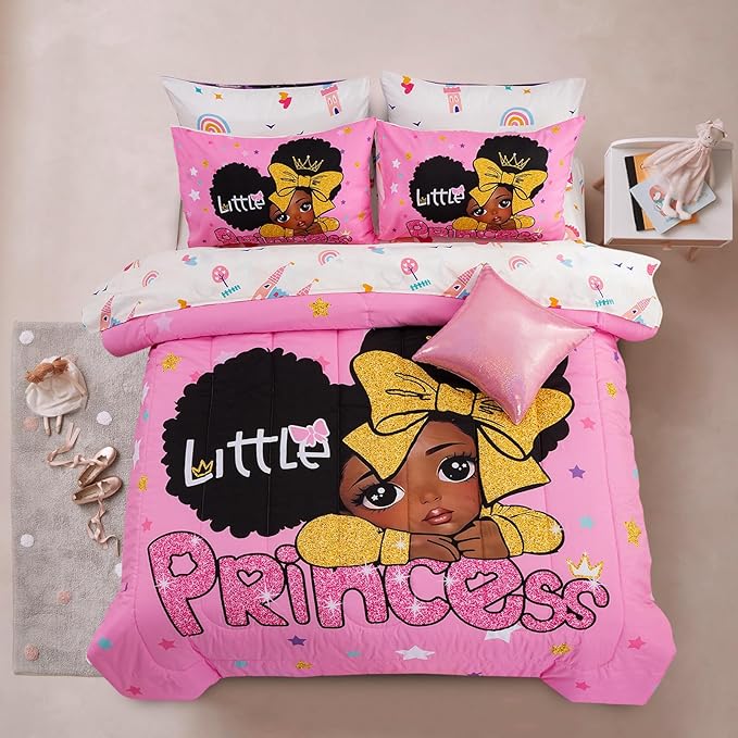 A Nice Night Black Girl Little Princess Comforter Set, Pink 6Pcs Bed in A Bag Full Size Sparkling Stars Bedding Set,for Kids, Girls