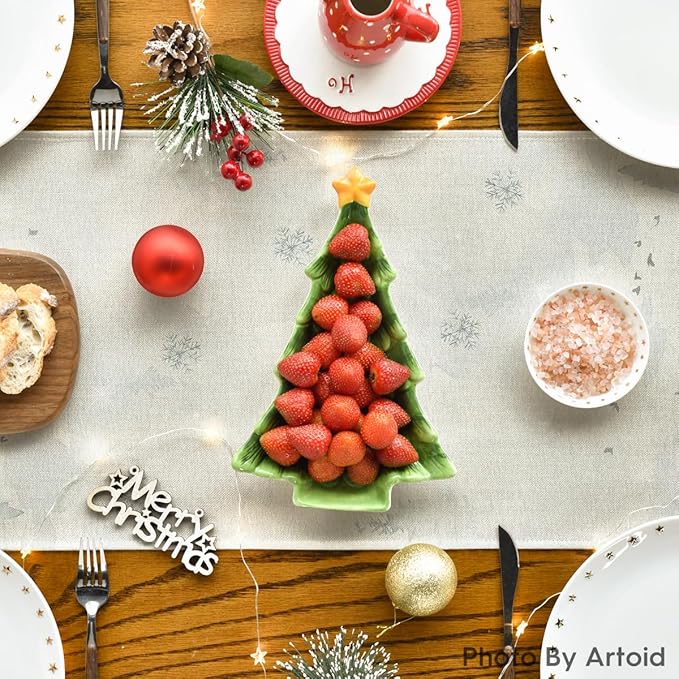 Artoid Mode Green Tree Snow Christmas Table Runner, Seasonal Winter Kitchen Dining Holiday Table Decoration for Home Party Decor 13x90 Inch