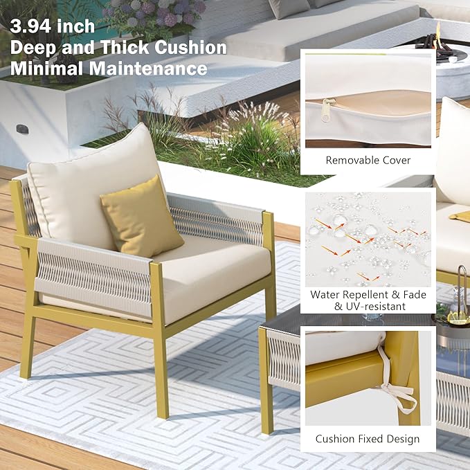 4-Piece Patio Conversation Furniture Set, Rope Weave Outdoor Loveseat Sofa with 2 Armchairs, Thick Cushion&Tempered Glass Table, for Garden Backyard, Onesize, Beige+Mustard Yellow