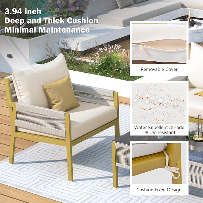 4 Piece Patio Furniture Set, Outdoor FSC Certified Acacia Wood Conversation Set, All-Weather Rope Sofa Set w/Tempered Glass Table, Loveseat for Lawn Balcony Poolside, Backyard, Backyard