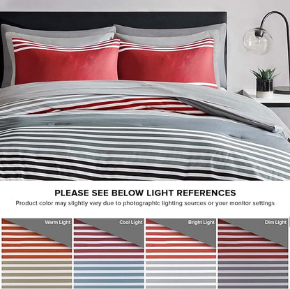 Comfort Spaces Queen Comforter Sets with Sheets - Bed in a Bag 9 Pieces Teen Bedding Sets Queen, Red and Grey Stripes Bedding Queen, College Queen Bed Set with 2 Side Pockets Bedroom Organizer