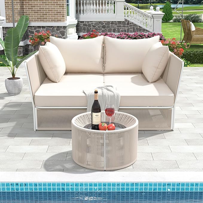 2-Piece Sunbed and Coffee Table, Patio Double Chaise Lounger Loveseat Daybed Outdoor Furniture Set for Backyard Poolside Lawn Balcony, Full, Ac-Beige