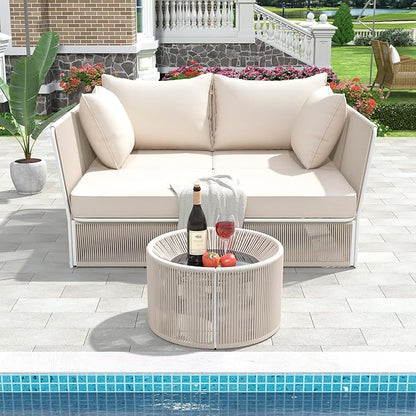 2-Piece Sunbed and Coffee Table, Patio Double Chaise Lounger Loveseat Daybed Outdoor Furniture Set for Backyard Poolside Lawn Balcony, Full, Ac-Beige