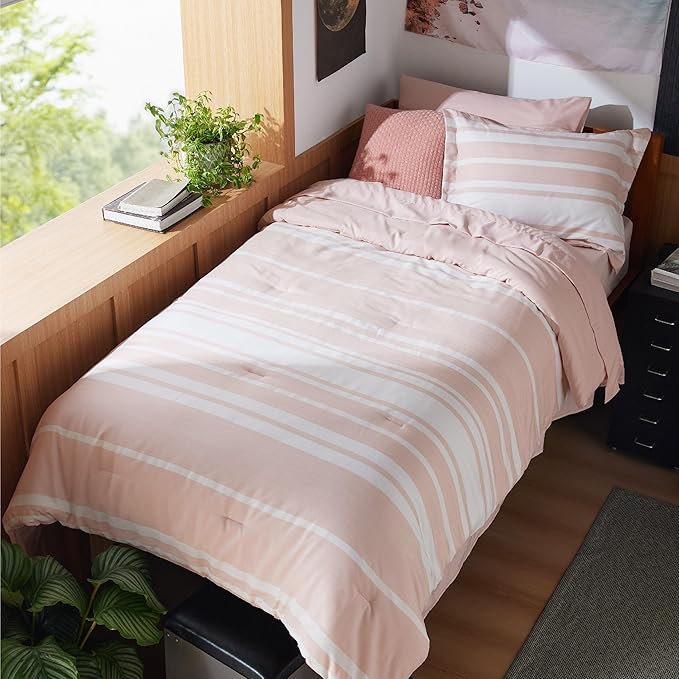 Bedsure Twin XL Comforter Set for College Girls, Pink Striped Bedding Comforter Sets All Season Bed Set with 1 Pillow Sham, Flat Sheet, Fitted Sheet and 1 Pillowcase