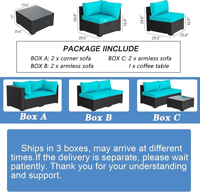 Shintenchi 7 Pieces Outdoor Patio Sectional Sofa Couch, Black PE Wicker Furniture Conversation Sets with Washable Cushions & Glass Coffee Table for Garden, Poolside, Backyard (Blue)