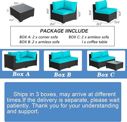 Shintenchi 7 Pieces Outdoor Patio Sectional Sofa Couch, Black PE Wicker Furniture Conversation Sets with Washable Cushions & Glass Coffee Table for Garden, Poolside, Backyard (Blue)