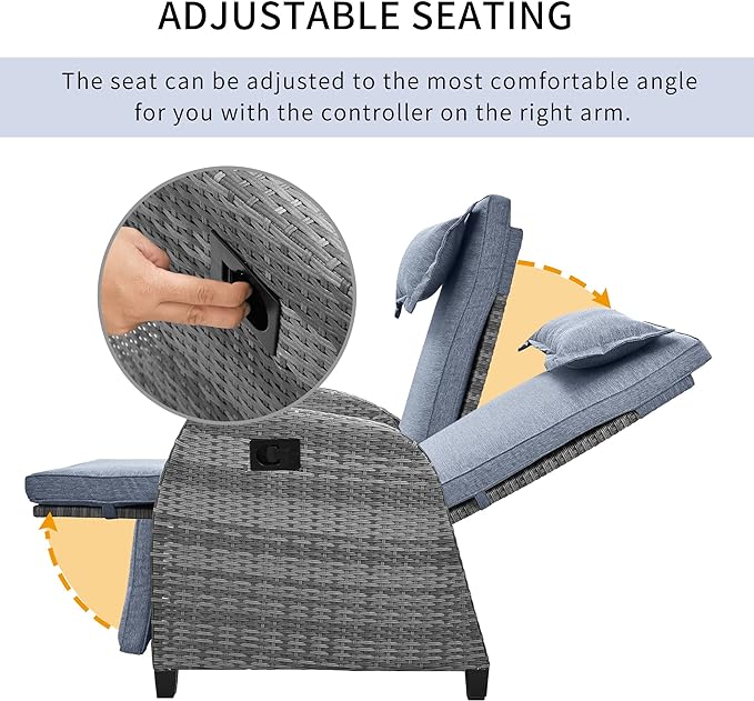 Patio Furniture Sets 3 Piece Outdoor, PE Wicker Rattan 2-Person ConversationSets with Adjustable Backrest Recliner Lounge Chairs and Coffee Table, Comforty Cushions, for Lawn Balcony, Gray