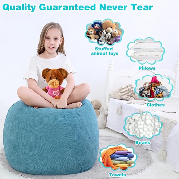 Stuffed Animal Storage Bean Bag Chair Cover (No Filler) for Kids and Adults.Soft Premium Corduroy Stuffable Beanbag for Organizing Children Plush Toys or Memory Foam Small 100L(LightBlue)