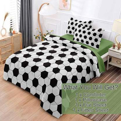 Soccer Comforter Set Twin for Boys Girls, 4 Pieces Soccer Bedding Twin Bed in a Bag Set with Sheets, Black and White Bed Sets for Teenage