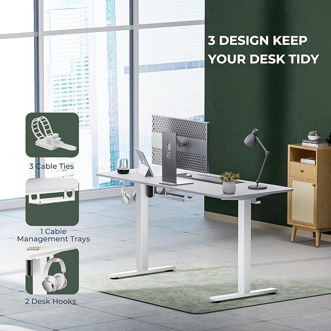 Electric Standing Desk,Adjustable Height Desk With Curved Desktop, Stand Up Desk With 2 Metal Hooks & Cable Organizer Box, Powerful Motor For Fast Switch From Sit To Stand Position 55x24 White