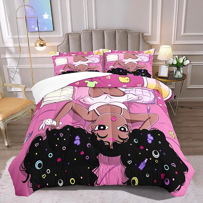 Black Girl Comforter Set African American Girls Full Comforter Set, Black Girl Full Size Girls Bedding Set, Black Girl Full Size Comforter Sets for Teen Adults, Pink, 1 Comforter+2 Pillowcases