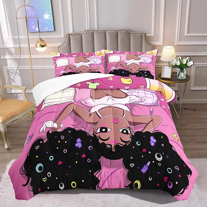 Black Girl Comforter Set African American Black Girls Comforter Set Twin Size Black Girls Twin Comforter Set for Girls Black Girl Bedding Sets Twin Size, Pink, 1 Comforter 1 Pillowcase
