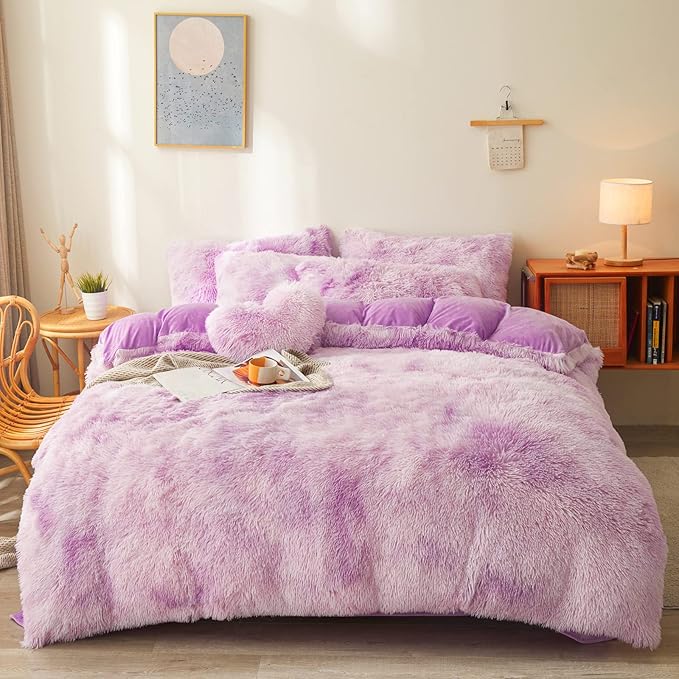 Tie dye Lavender Plush Fluffy Comforter Cover Set Queen - Ultra Soft Faux Fur tie dye Bedding Sets 3 Pieces (1 Shaggy Duvet Cover + 2 Pillow case) Fluffy Bed Set (Tie Dye Lavender, Queen)