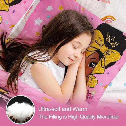 A Nice Night Black Girl Little Princess Comforter Set, Pink 6Pcs Bed in A Bag Twin Size Sparkling Stars Bedding Set,for Kids, Girls