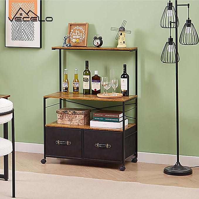 VECELO Mobile Lateral File Cabinet Rolling Printer Stand with 3 Open Storage Shelf, Ideal for Letter Size Folders, with Lockable Casters, Strong Steel Frame, Perfect for Office, 2 Drawer, Brown+Black