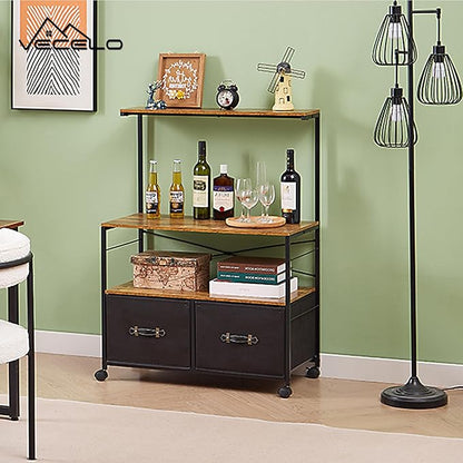 VECELO Mobile Lateral File Cabinet Rolling Printer Stand with 3 Open Storage Shelf, Ideal for Letter Size Folders, with Lockable Casters, Strong Steel Frame, Perfect for Office, 2 Drawer, Brown+Black