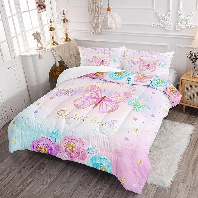 CVHOUSE Butterfly Bedding Set,Butterfly Comforter Queen,Butterfly Comforter Set for Girls Kids Teens,Butterflies Quilt Set with 1 Comforter and 2 Pillow Cases- 3 Piece