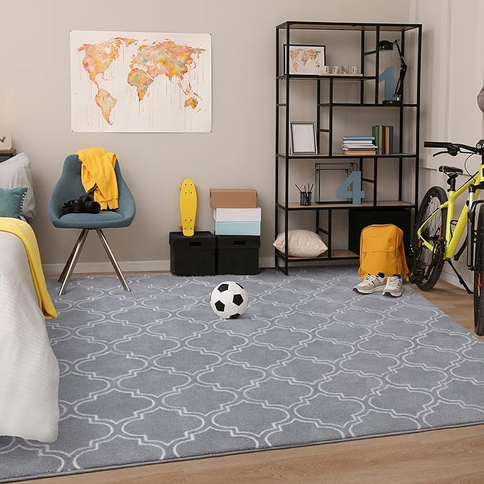 Chicrug Shag Geometric Modern Area Rug for Bedroom, 6x9 Feet Memory Foam Indoor Carpet, Fluffy Rug for Living room Bedside Room Decor for Family Girls Kids Nursery Play Mat, Grey/White