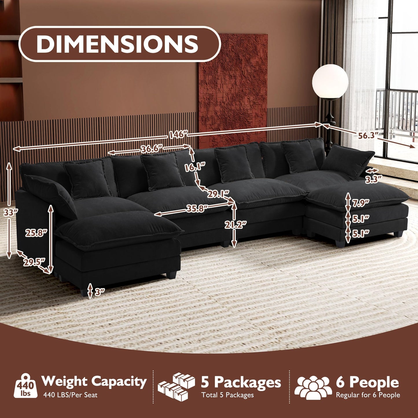 Ihanherry 111.4" L Shaped Modern Sofa Modular Sectional Cloud Couch with Ottoman, 4-Seat Chenille Deep Seat Sofa with Pillow for Living Room, Bedroom and Apartment, Beige