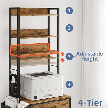 3 Drawer File Cabinet with Charging Station, Fabric Drawer, 4-Tier Tall Filing Cabinet with Adjustable Bookshelf, 69''H File Cabinet for Home Office Fits A4/Letter/Legal, Rustic Brown