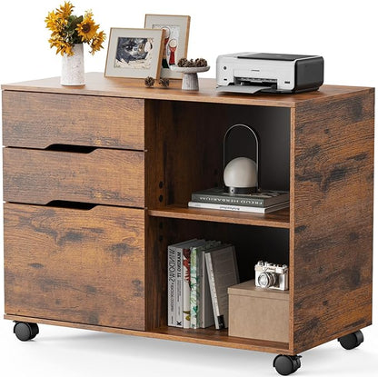 Sweetcrispy 3-Drawer File Cabinet, Lateral Mobile Filing Cabinet Wood Under Desk Storage Organizer with Wheels, Printer Stand & Open Shelves for Home Office Organization - Rustic Brown