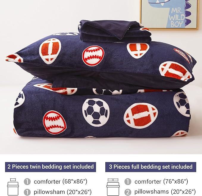 Mooreeke Glow in The Dark Twin Plush Fleece Comforter Bed Set, Soft & Warm 2 Piece Bed in A Bag with Sham, Velour Velvet Football Basketball Soccer Rugby Boys Kids Bedding Set, Fluffy Fuzzy Polar Cozy
