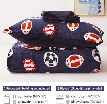 Mooreeke Glow in The Dark Twin Plush Fleece Comforter Bed Set, Soft & Warm 2 Piece Bed in A Bag with Sham, Velour Velvet Football Basketball Soccer Rugby Boys Kids Bedding Set, Fluffy Fuzzy Polar Cozy